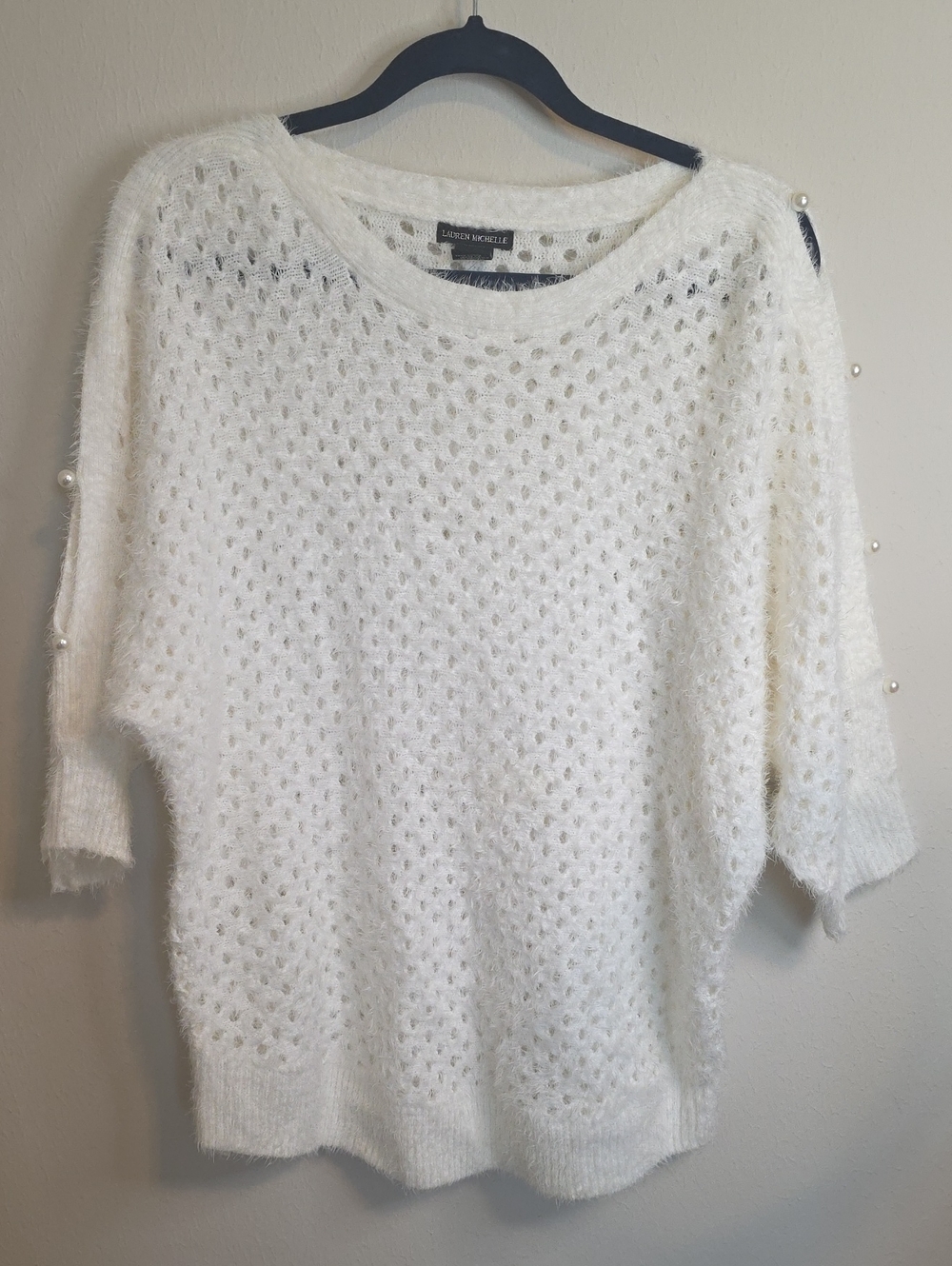 Lauren Michelle Cream Open-Knit Sweater with Pearl Sleeve Trim